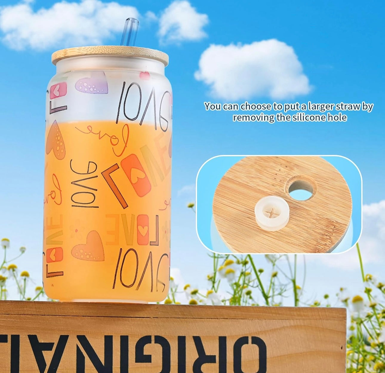Frosted Glass Cub with bamboo lid 16oz